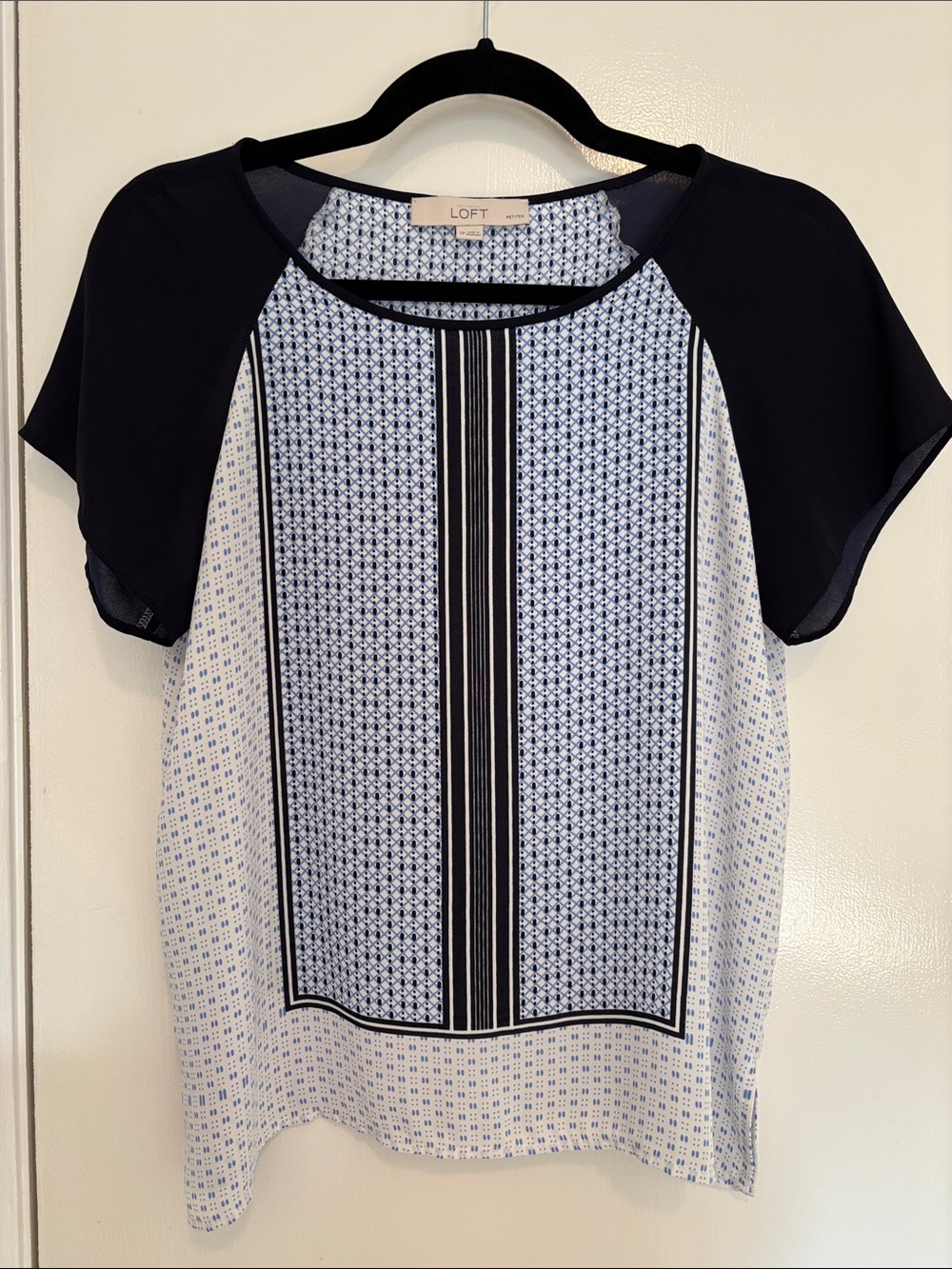 LOFT Navy and White Short Sleeve Contrast-Panel Blouse